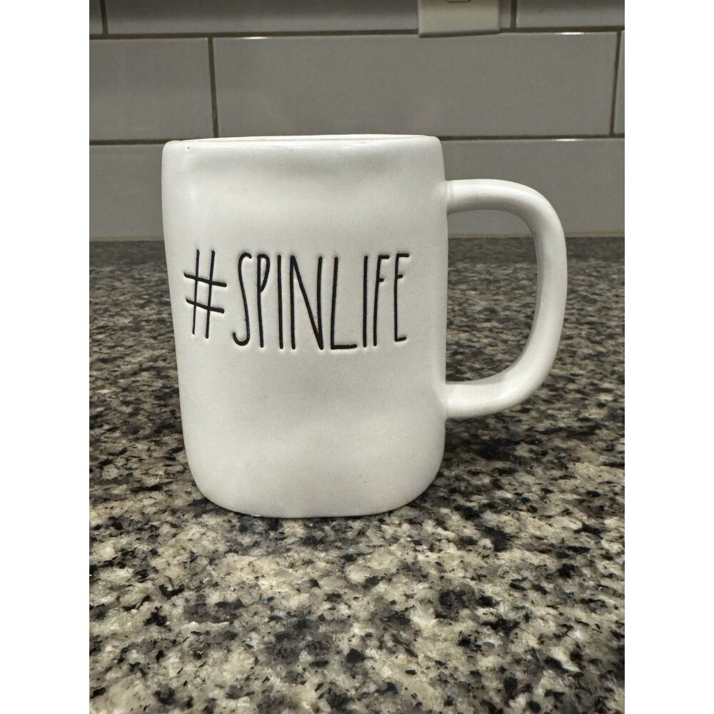 Rae Dunn Artisan Collection by Magenta "#SPINLIFE" 16oz White Mug Black Letters